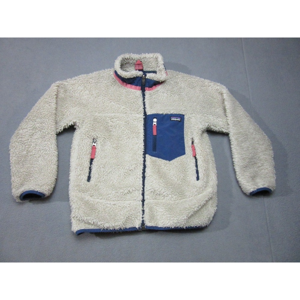 Patagonia Jacket Girls Medium 10 Beige Sherpa Chest Pocket Wornwear Full Zip
